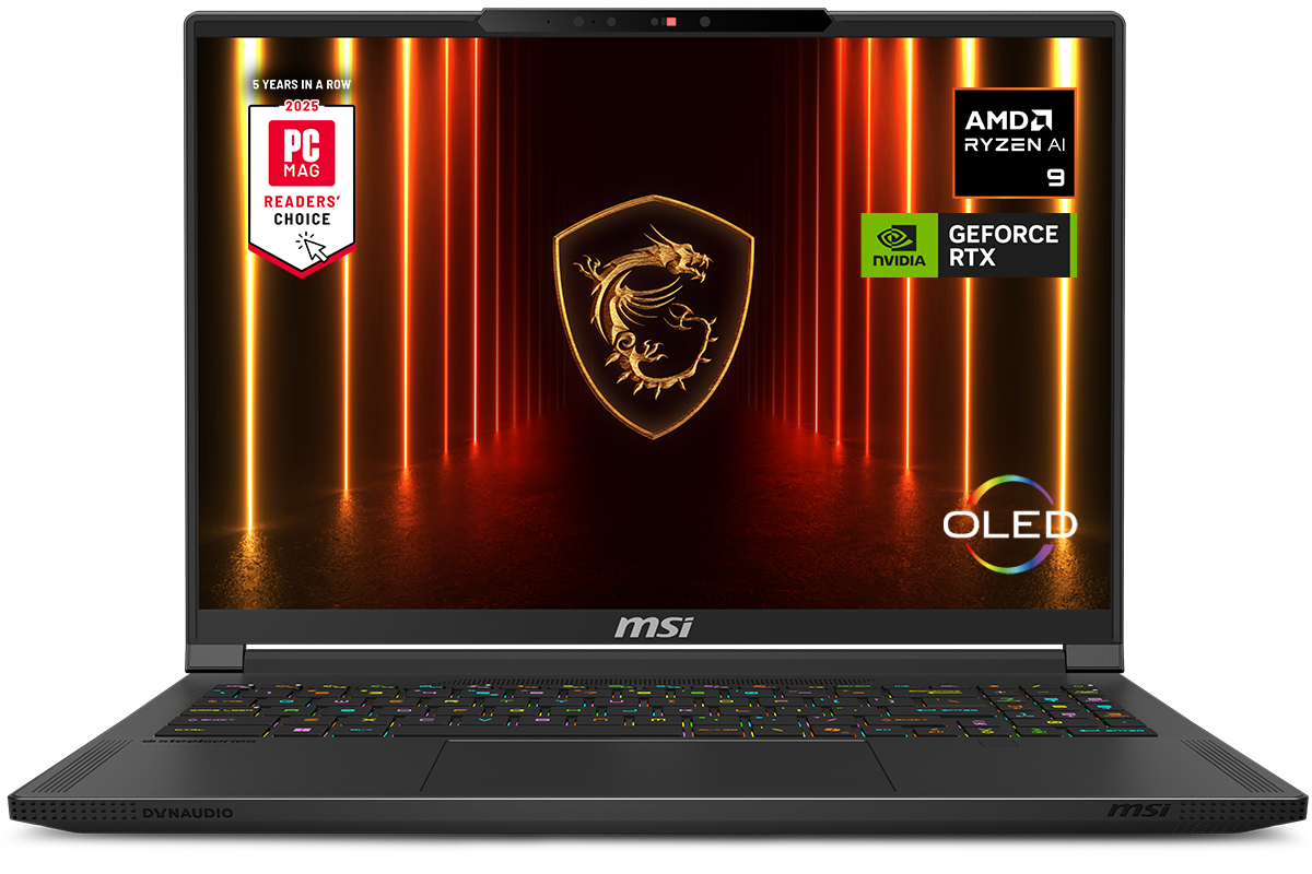 MSI Stealth A16 AI+ laptop displaying a gaming scene on its OLED screen