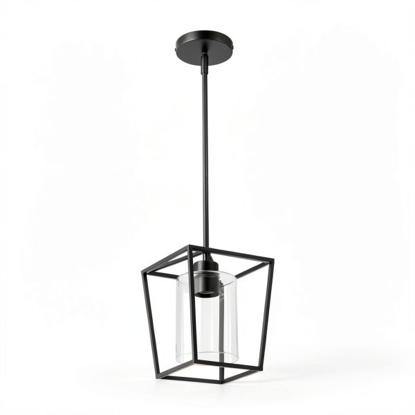 Black Cage Pendant Light Farmhouse Metal Frame Clear Glass-0