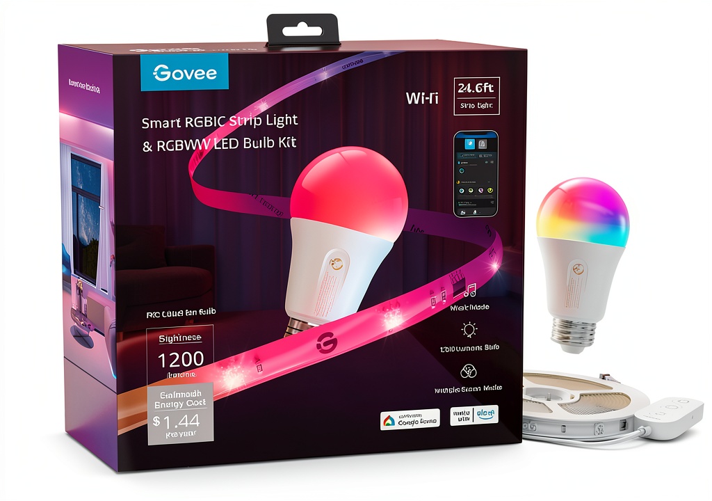 Installing Govee Smart Bulb RGB Color Changing Wi-Fi Bluetooth Control in modern living room with vibrant blue lighting