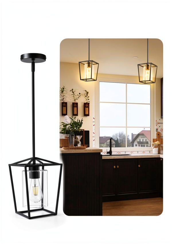 Black Cage Pendant Light Farmhouse Metal Frame Clear Glass-1