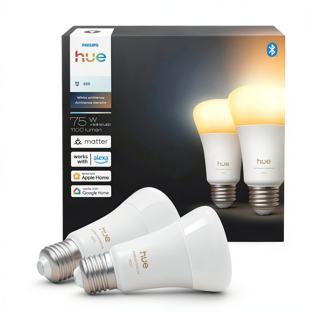 Philips Hue smart bulb illuminating a cozy living room