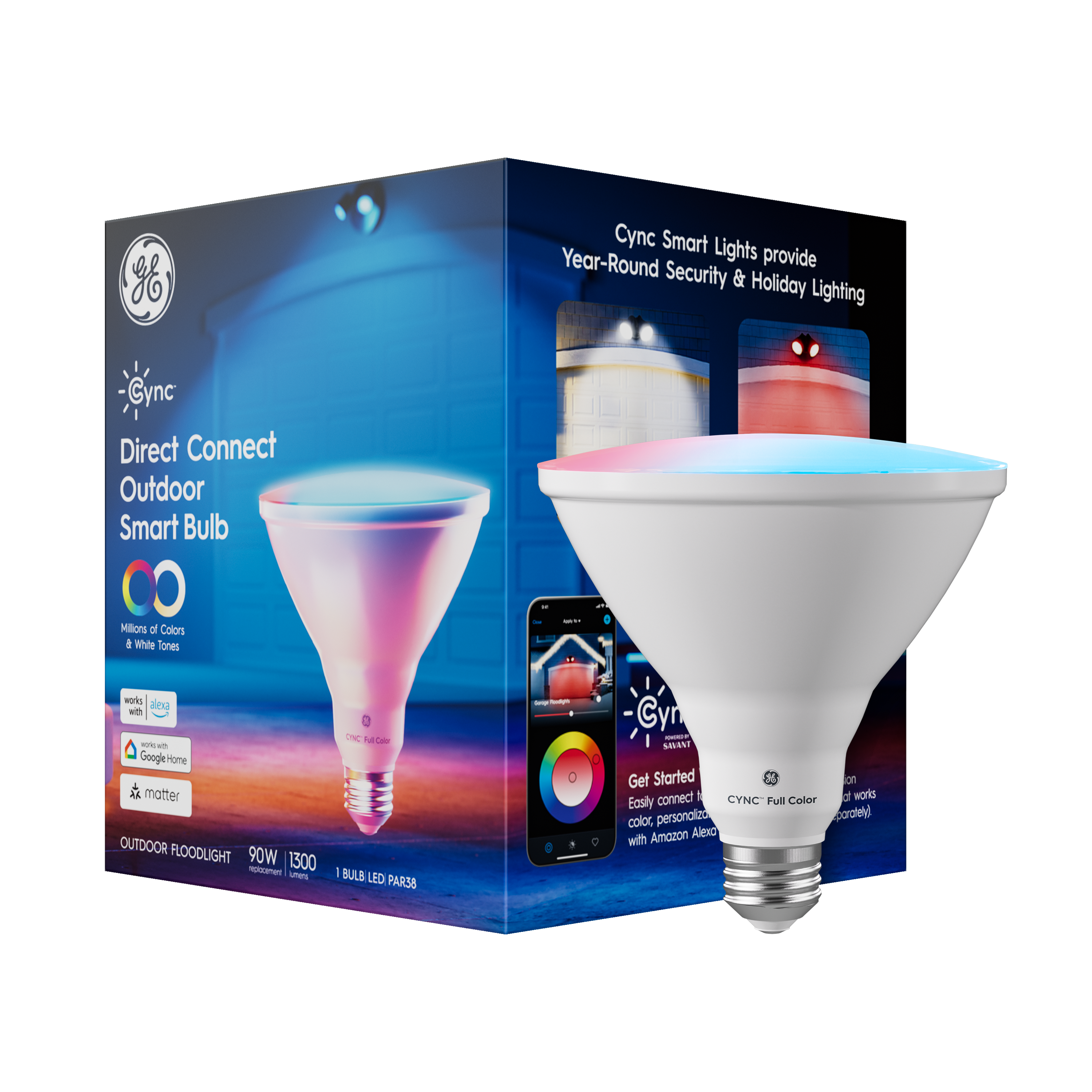 Cync PAR38 LED bulb illuminating a cozy living room with color accents