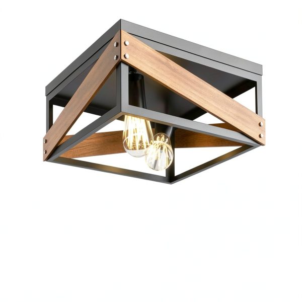 Rustic Metal Ceiling Lamp Adjustable Angle Iron Wood Design-7