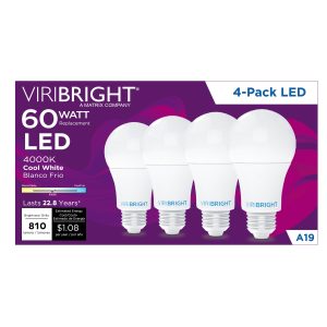 VIRIBRIGHT A19 LED Bulb Dimmable Cool White 4 Pack-0