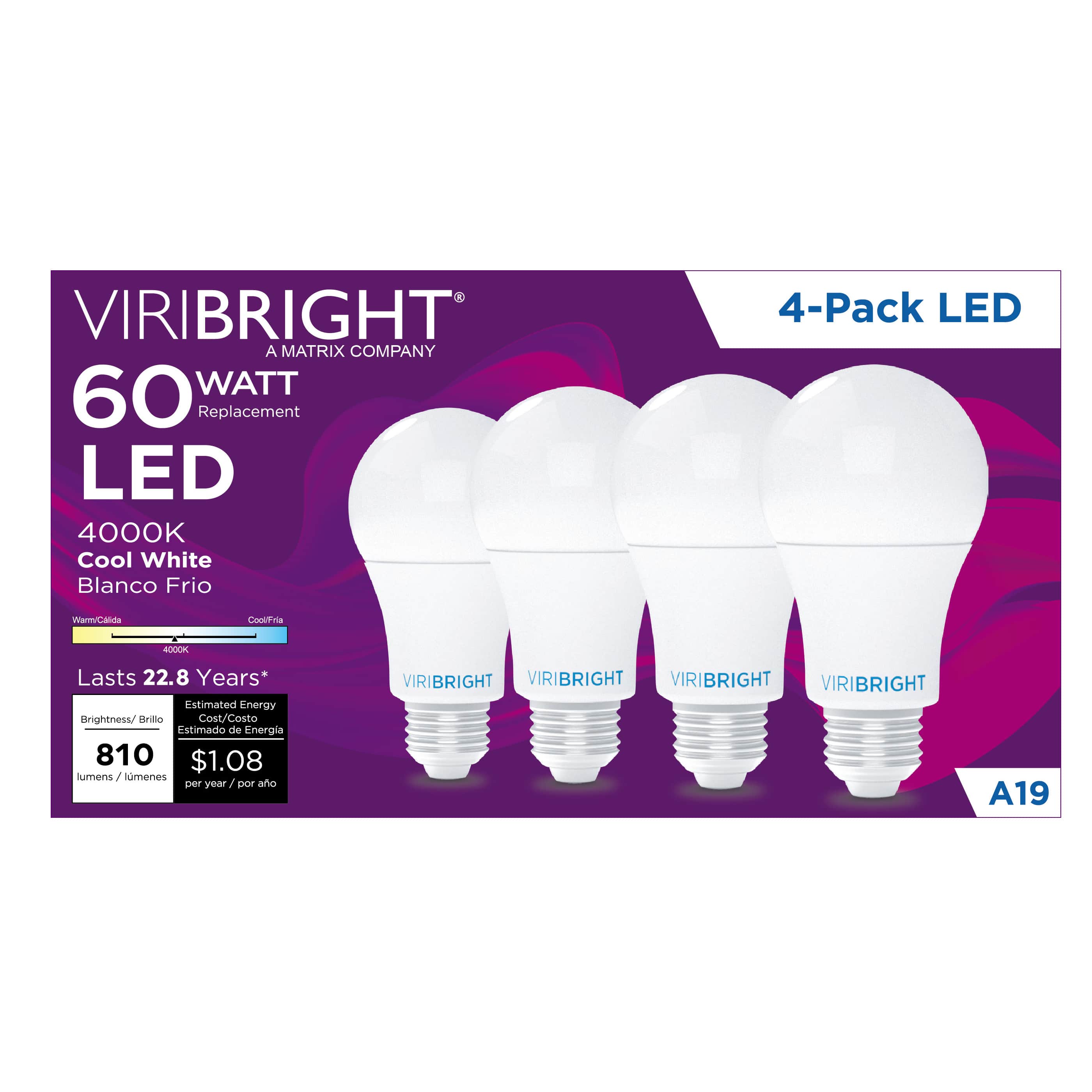 VIRIBRIGHT A19 LED bulb illuminating a modern living room