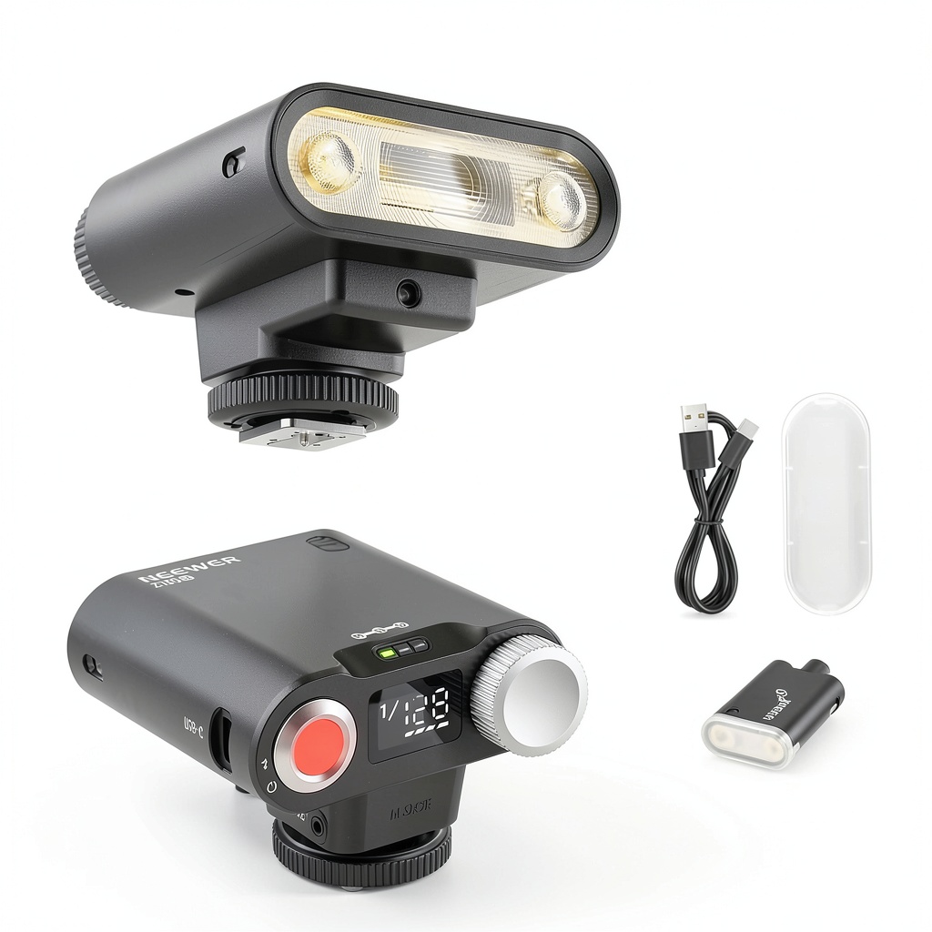 'Neewer 20Ws camera flash mounted on a DSLR camera'
