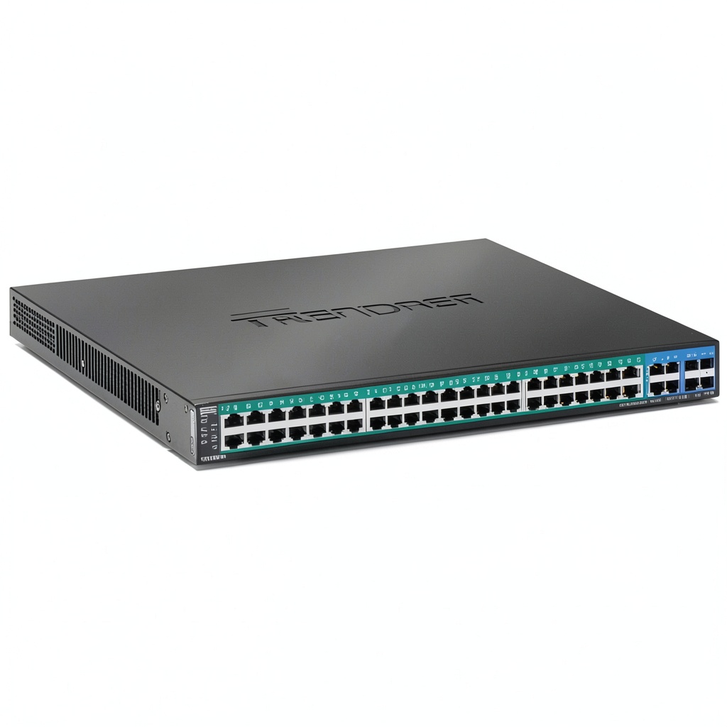 Installing TRENDnet 52‑Port PoE+ Switch in a rack with cables neatly organized
