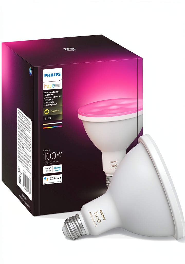 Philips Hue PAR38 bulb illuminating a colorful outdoor patio