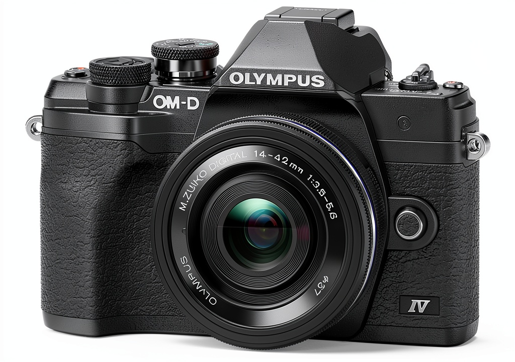 Olympus OM-D E-M10 Mark IV camera with 14-42mm lens in a scenic outdoor setting