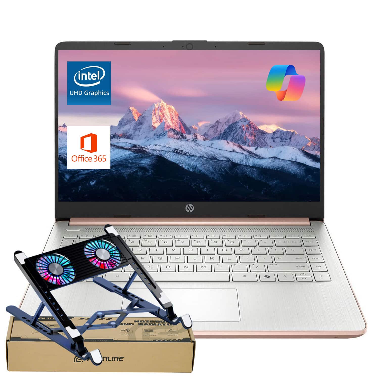 HP 14 Laptop displaying Windows 11 interface on a desk