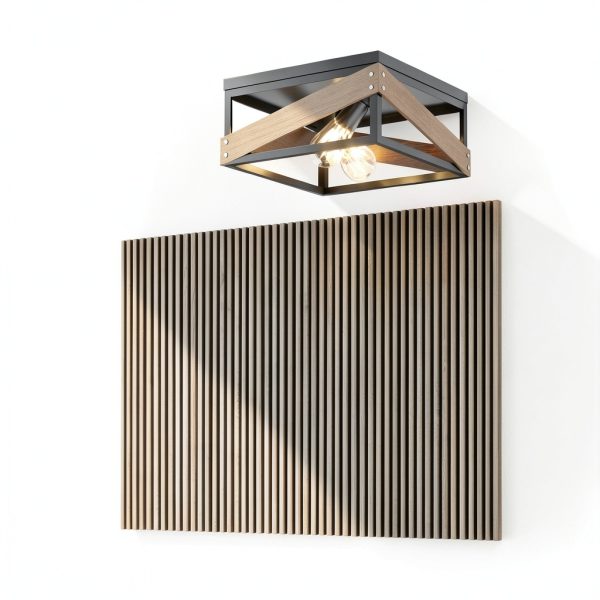 Rustic Metal Ceiling Lamp Adjustable Angle Iron Wood Design-3