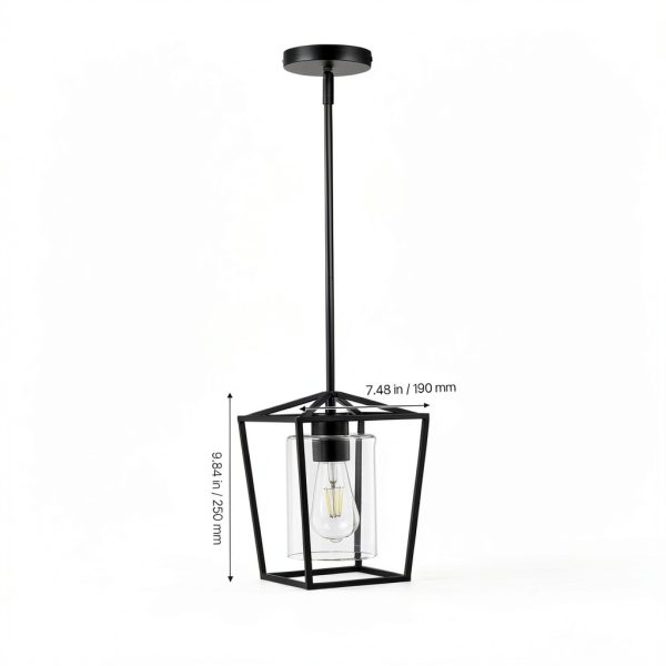 Black Cage Pendant Light Farmhouse Metal Frame Clear Glass-7