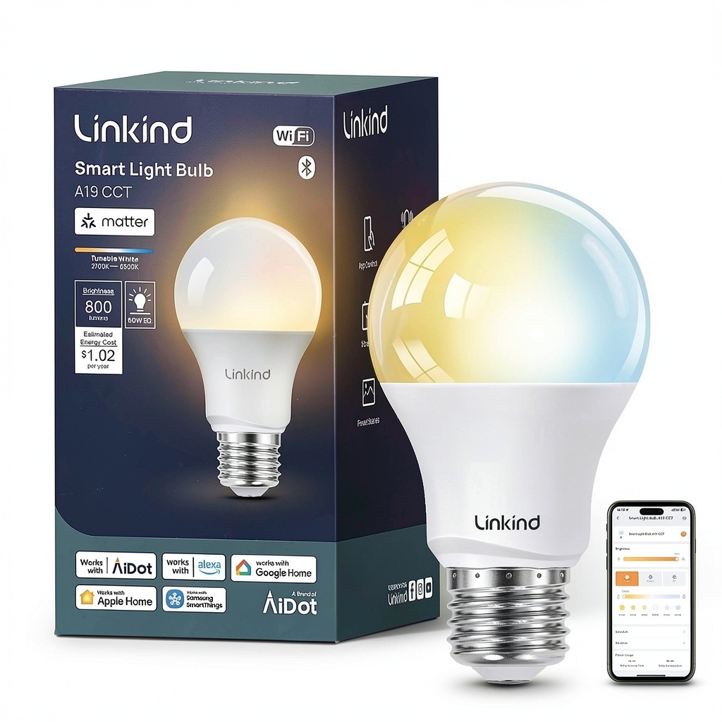 Linkind A19 Smart LED Bulb illuminating a cozy living room