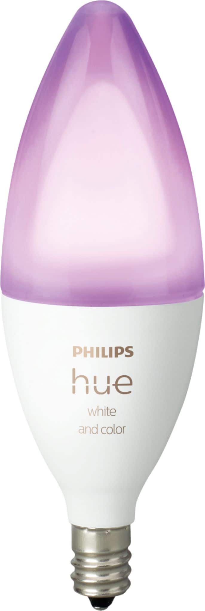 Philips Hue E12 Smart LED Bulb illuminating a living room with vibrant colors