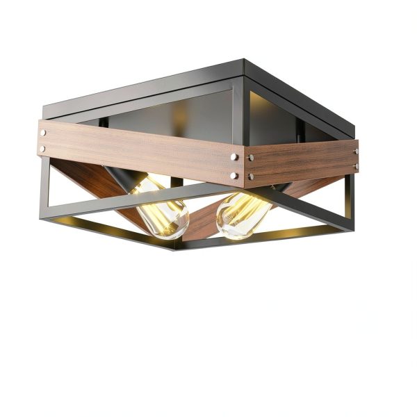 Rustic Metal Ceiling Lamp Adjustable Angle Iron Wood Design-2