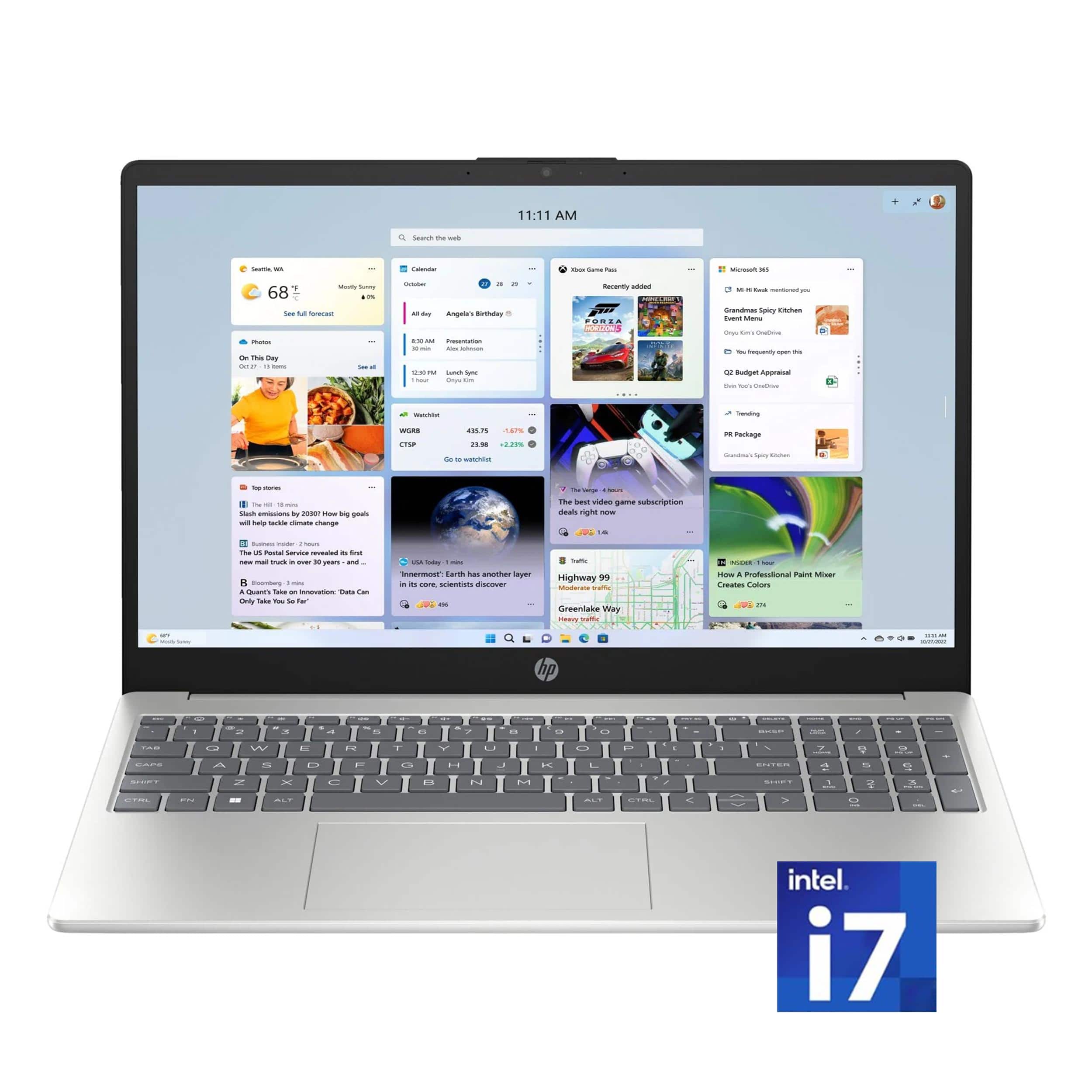 HP 15.6 touchscreen laptop displaying a vibrant interface on a desk