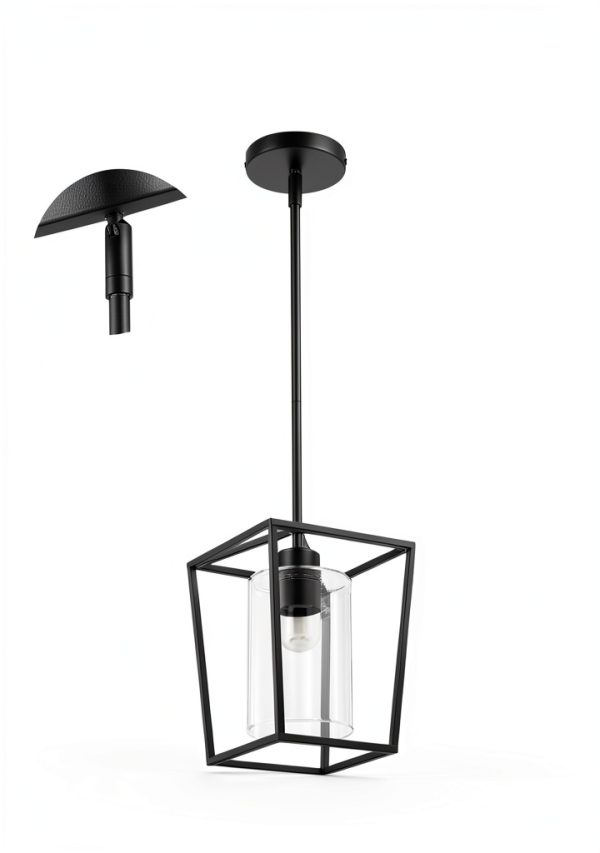 Black Cage Pendant Light Farmhouse Metal Frame Clear Glass-3