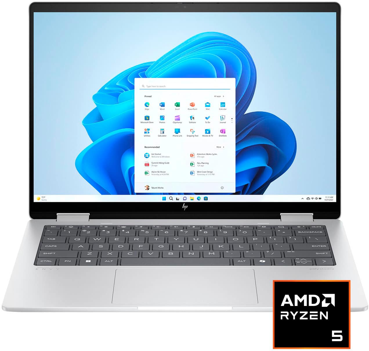 HP Envy 2-in-1 laptop in use on a desk with touch screen interaction