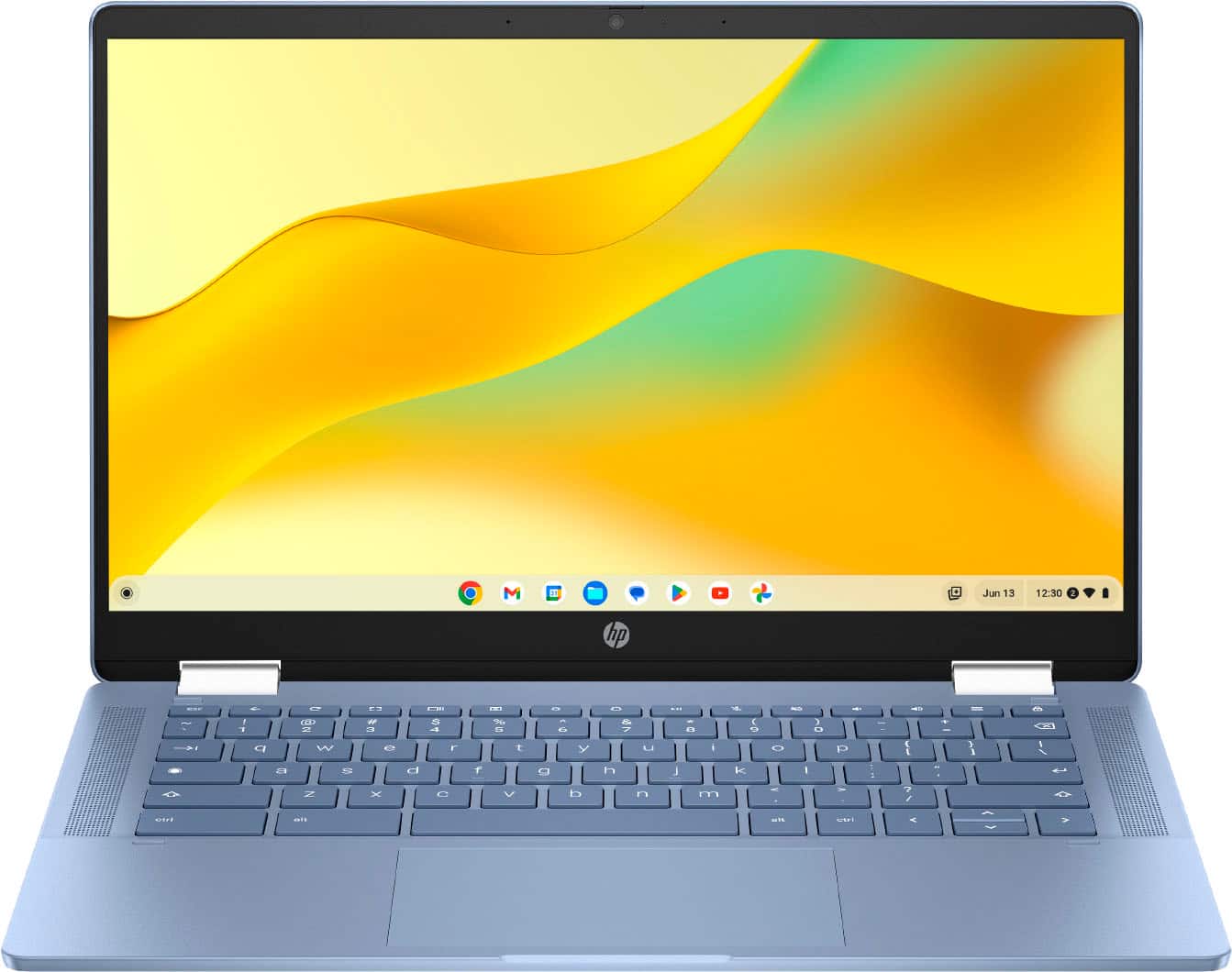 HP Chromebook in Sky Blue showing touch screen and convertible design