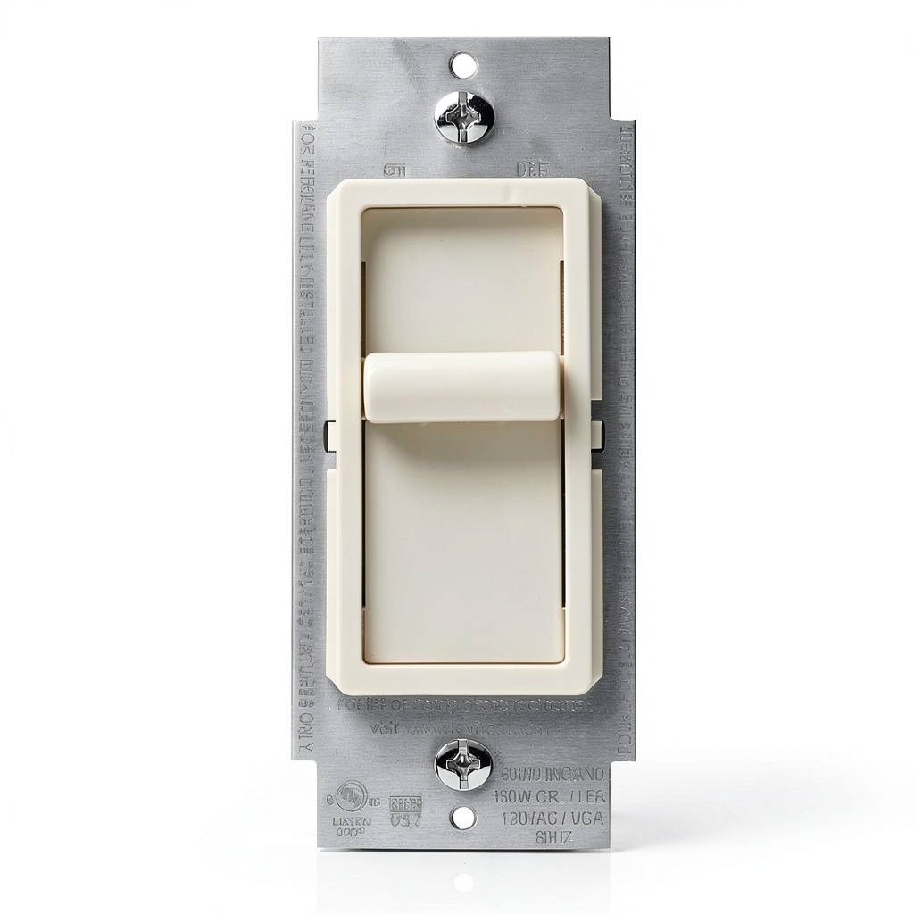 'Leviton SureSlide dimmer switch installed in a light almond wall plate'