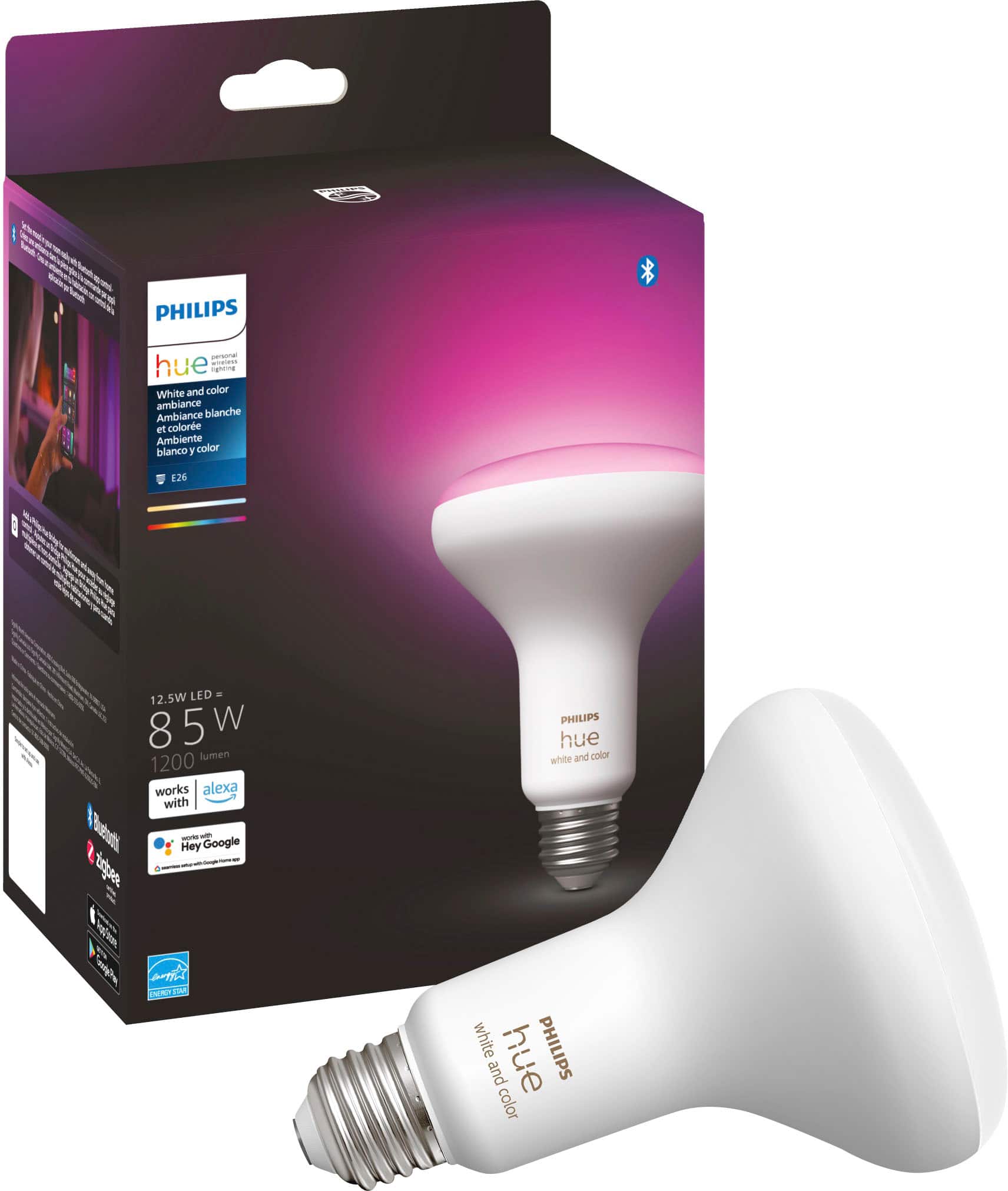 Philips Hue BR30 Smart Bulb illuminating a living room with vibrant colors