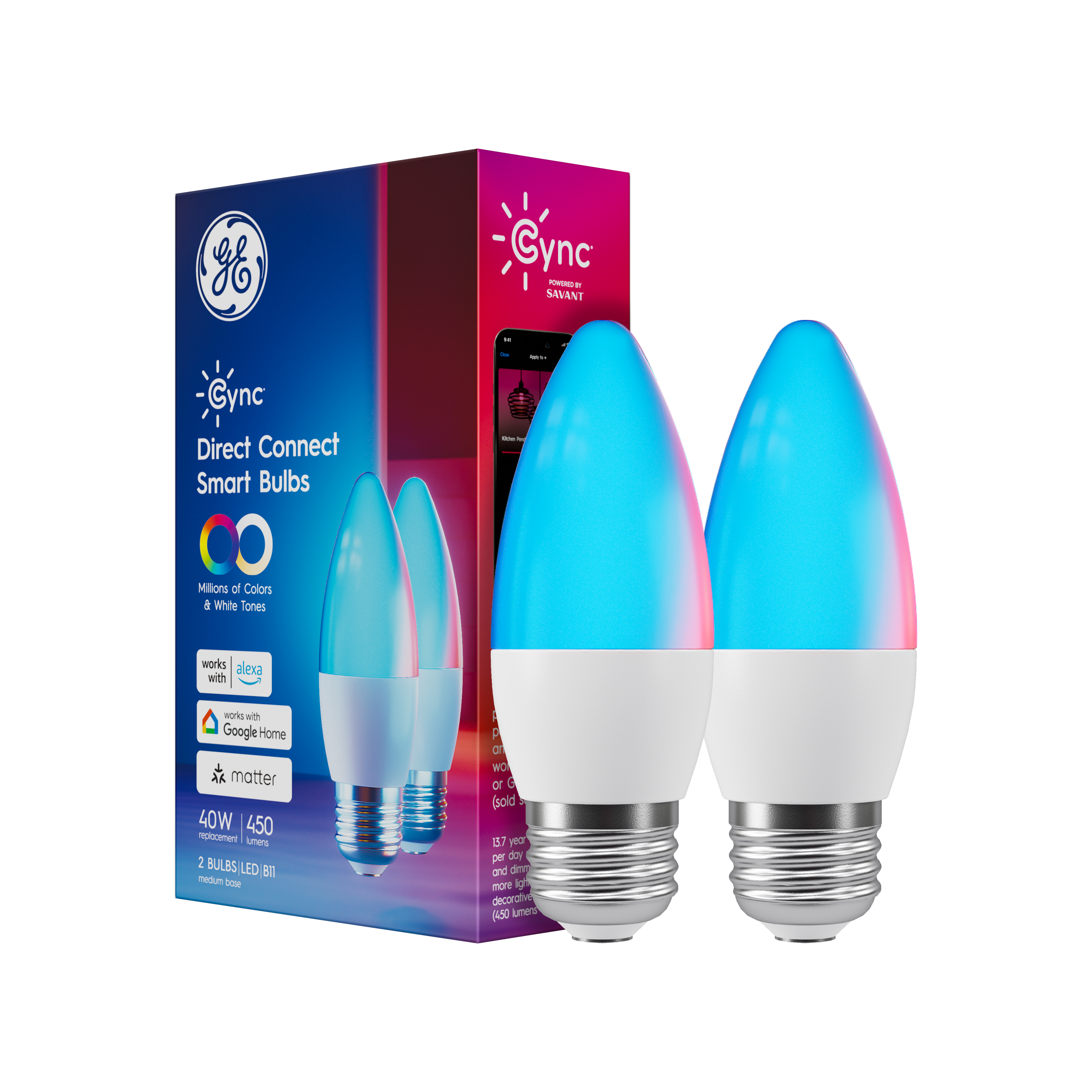 Cync Smart LED Bulb Full Color Changing Voice Control showing vibrant color display in modern living room