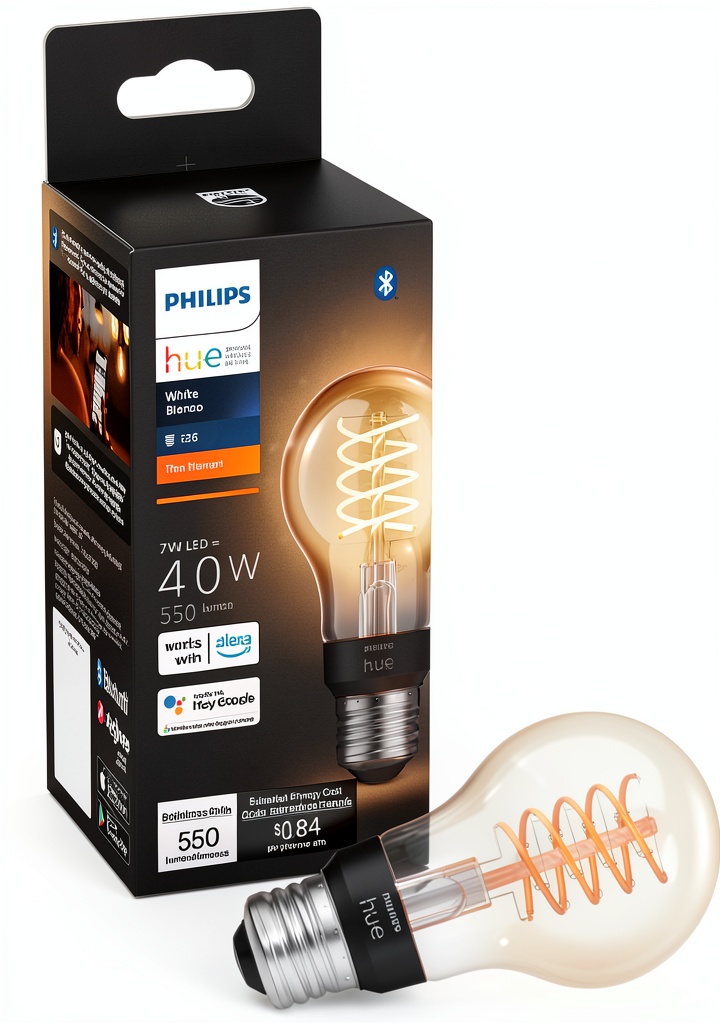 Philips Hue Filament Smart LED Bulb illuminating warm ambient light in modern living room setting