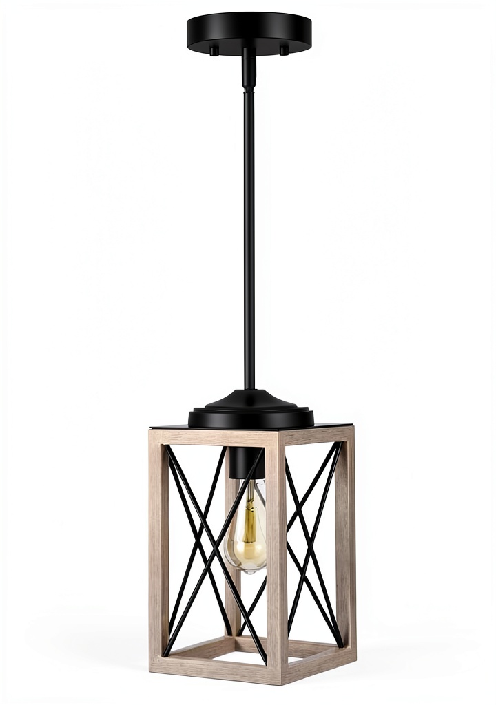 Rustic hanging light installed in a kitchen with adjustable height