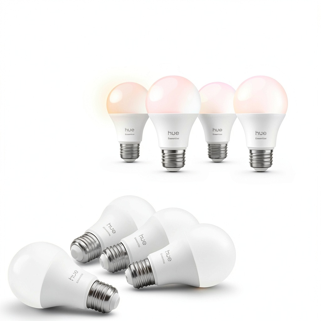 Philips Hue smart bulb illuminating a cozy living room with vibrant colors