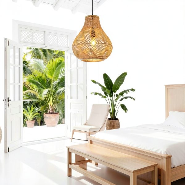 Bamboo Pendant Lamp Hand Woven Fish Basket Boho Farmhouse-3