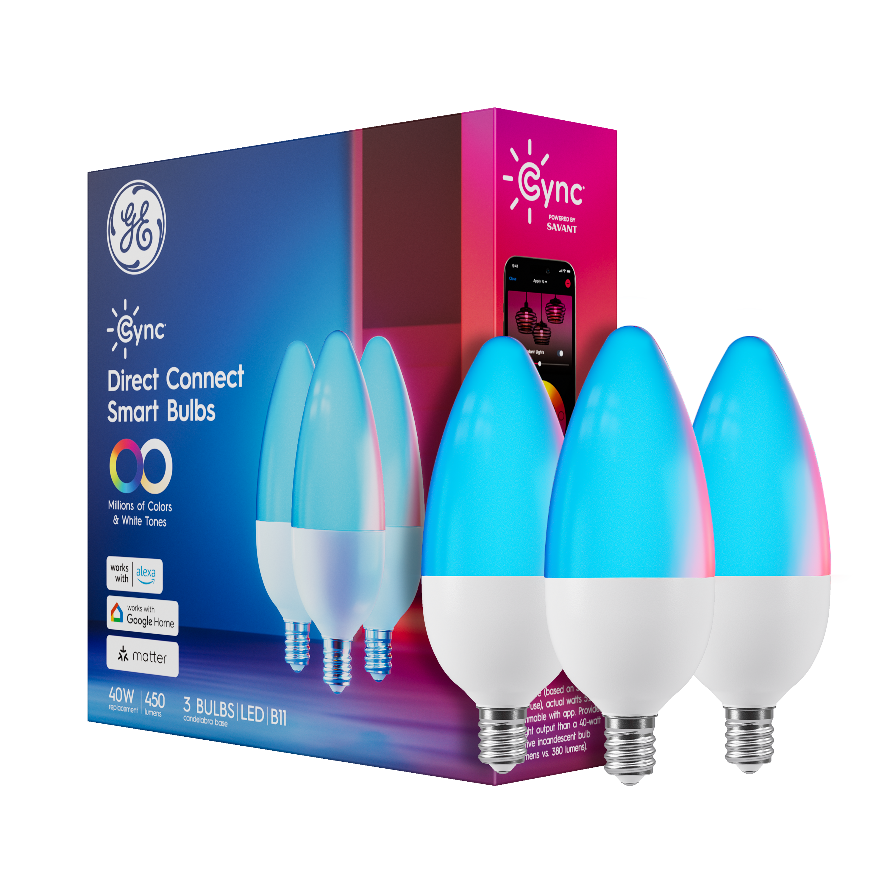 Cync Smart LED Bulb illuminating in multiple colors in a living room