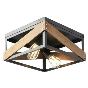 Rustic Metal Ceiling Lamp Adjustable Angle Iron Wood Design-0