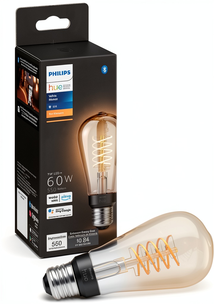 Philips Hue Filament ST19 bulb glowing in a vintage-style lamp