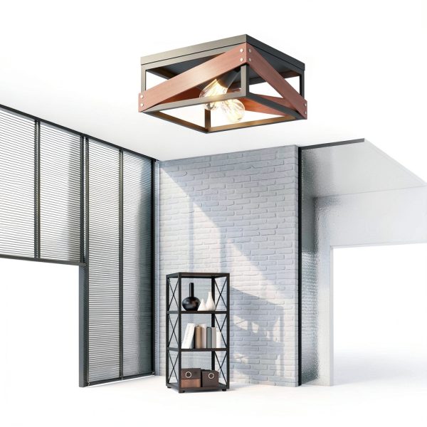Rustic Metal Ceiling Lamp Adjustable Angle Iron Wood Design-1
