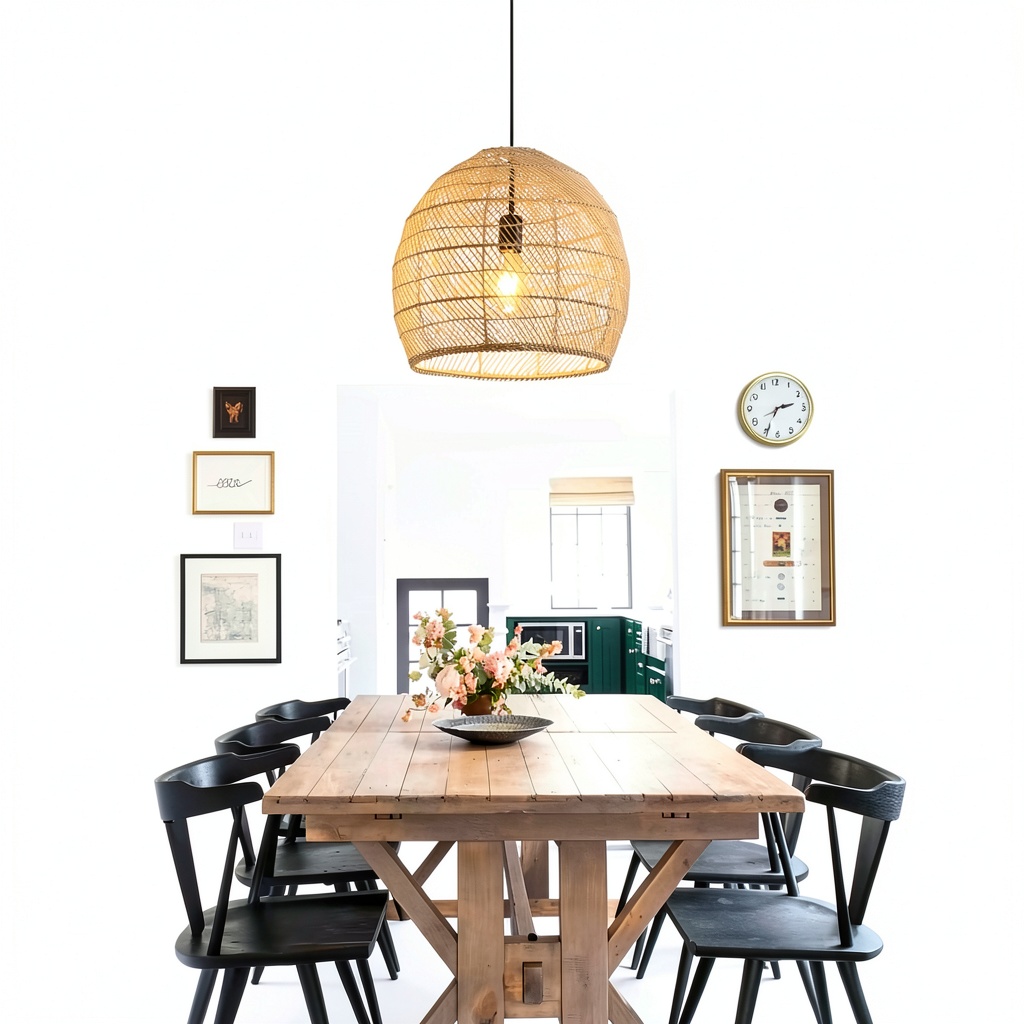 Parrot Uncle rattan pendant light illuminating a cozy living room