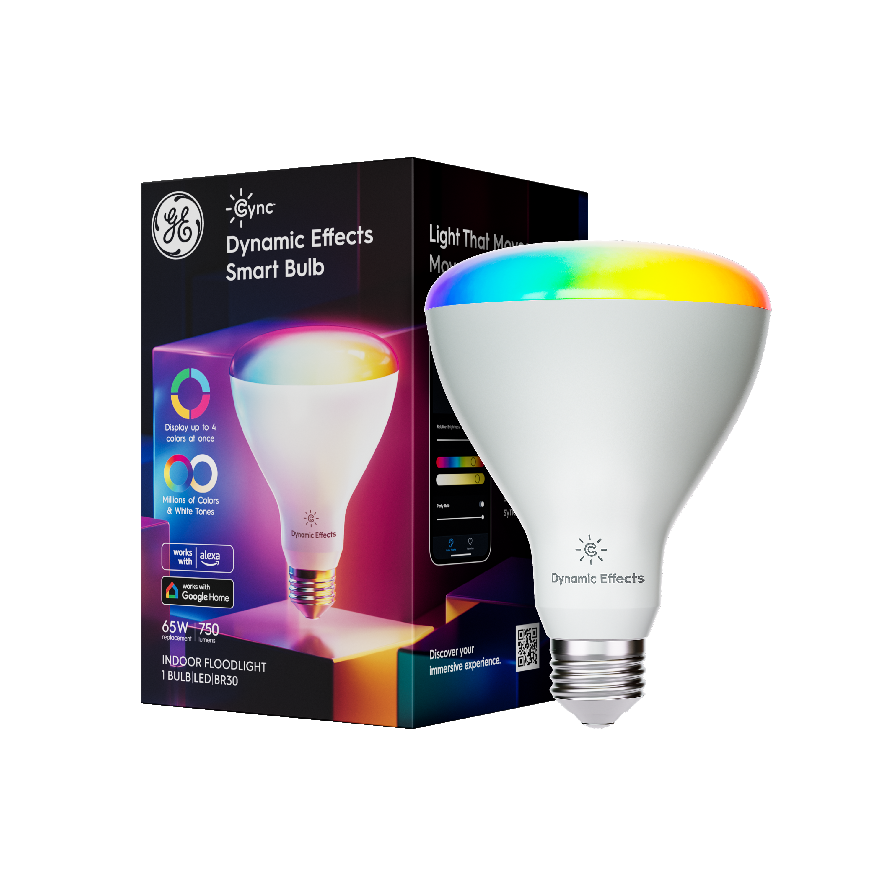 Cync BR30 LED bulb illuminating a modern living room with color-changing effects