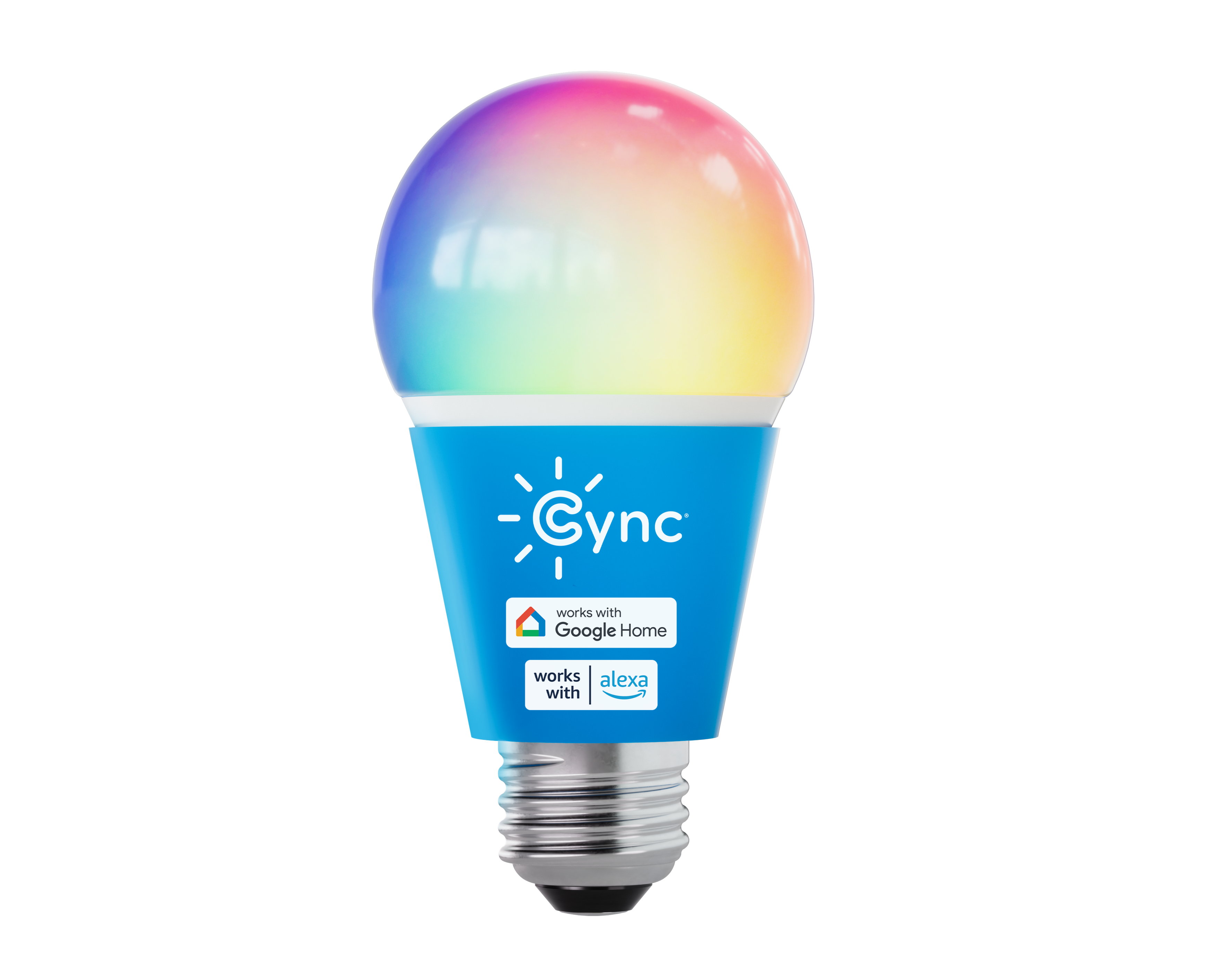 Cync Smart LED Bulb displaying vibrant colors in a living room