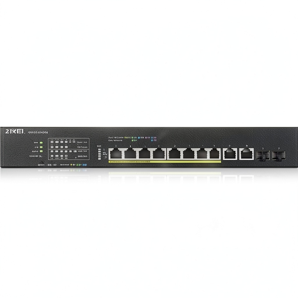 Zyxel XS1930-12HP installed in a rack with cables and LEDs glowing