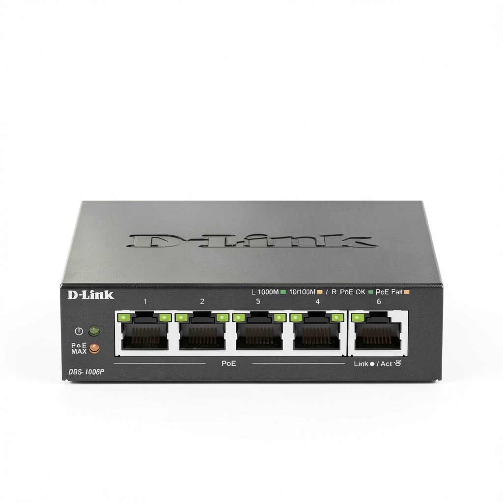 D-Link DGS-1005P PoE switch installed on a wooden desk with IP cameras and APs