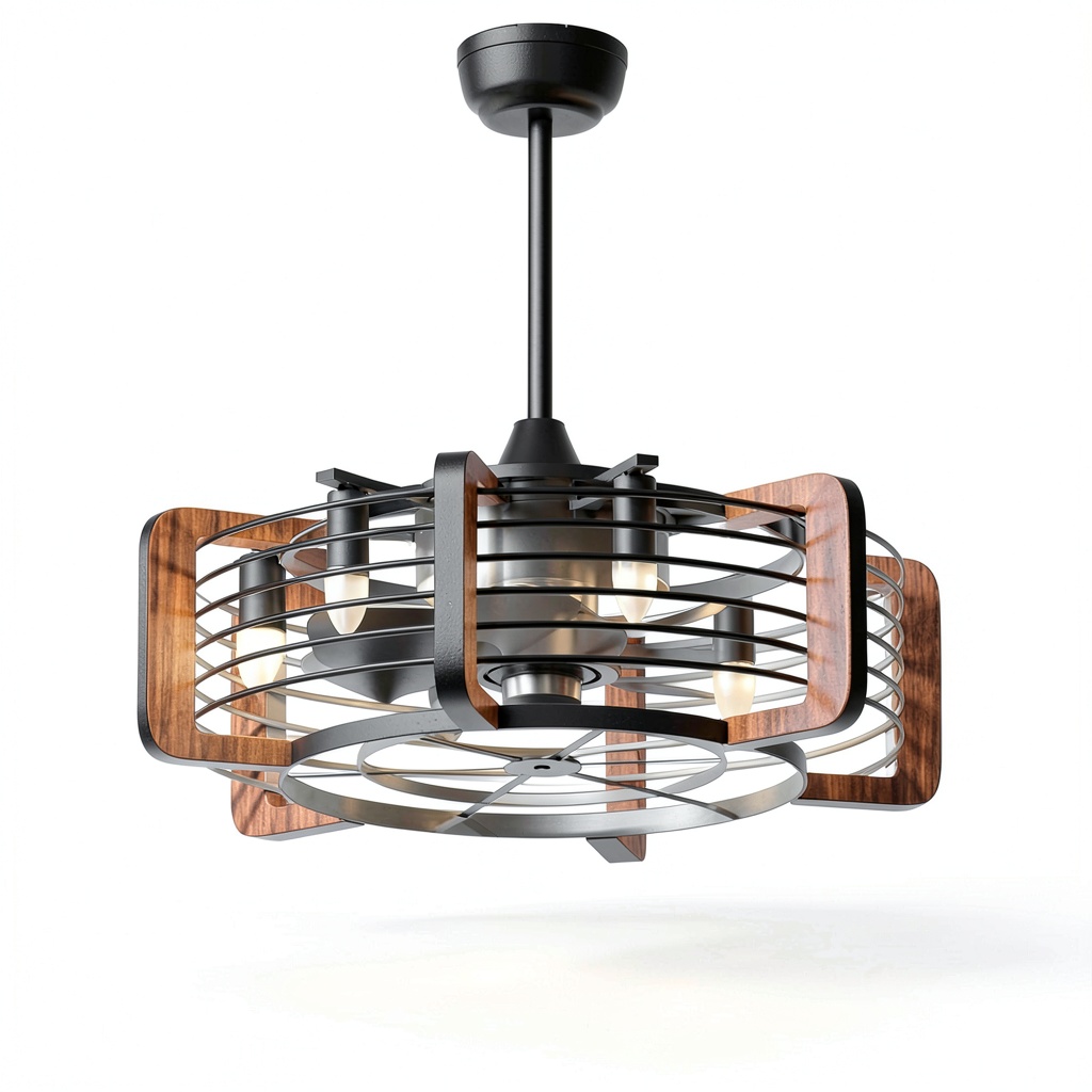 Farmhouse Ceiling Fan Energy Efficient Quiet Operation LED installed in bedroom with wooden beams